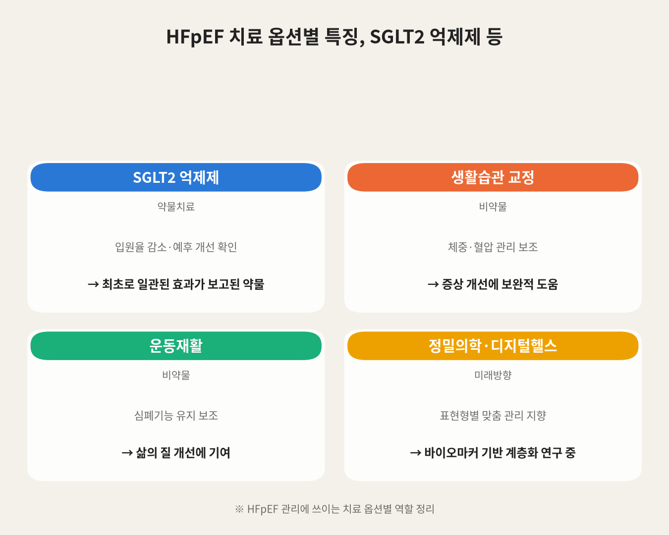 HFpEF 치료 옵션별 특징, SGLT2 억제제 등